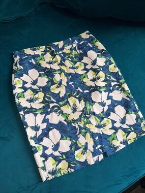 J. Crew Blue, White & Green Floral Pencil Skirt